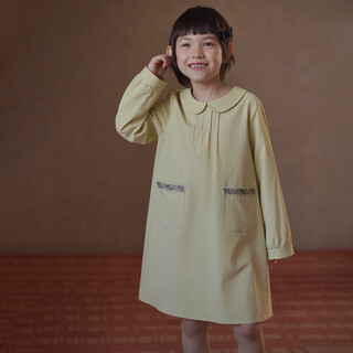 Haqi children's clothing children's spring clothing 2026 new yellow-green cotton and linen embroidered mid-length skirt girls long-sleeved dress medium-sized children yellow green 110