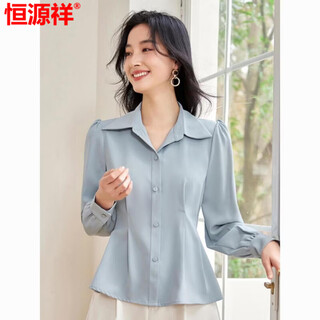 Hengyuanxiang french shirt for women 2026 spring and autumn new style elegant lady high-end puff sleeve shirt doll collar top light blue s