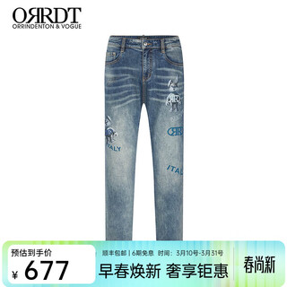 Orrdt aulindenton luxury men's jeans 26 spring personalized printed micro-elastic casual trousers denim blue 29