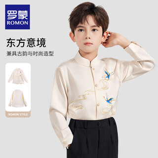 Luo meng children's clothing long-sleeved shirt children's new chinese style shirt performance clothing boys spring and autumn new printed stand-up collar top beige regular single shirt 160