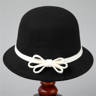 Black and white bow bowler hat for women in autumn and winter woolen hat mom fisherman hat middle-aged and elderly felt hat black m(56-58cm)