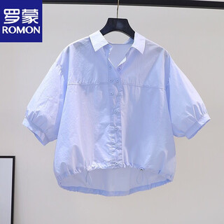 Romon cotton shirt women's short petite 2026 summer thin hem drawstring design loose lantern sleeve shirt light blue s 80-100jin jin equals 0.5 kg