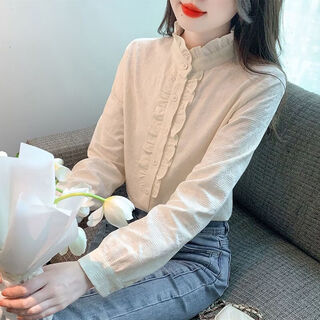 Playboy (playboy) women's high-end shirt 2026 new age-reducing fashion embroidered jacquard cotton and linen style long-sleeved cotton fungus top lining apricot s 80-95jin jin equals 0.5 kg