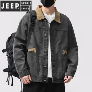 Jeep spirit contrasting barn style lapel workwear denim jacket for men 2026 new spring and autumn loose american retro jacket gray 3xl 190-210jin jin equals 0.5 kg