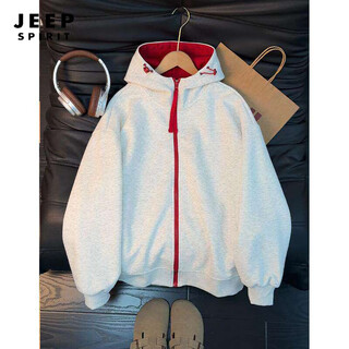 Jeep spirit navy blue hooded cardigan sweatshirt for men and women 2026 spring and autumn college style splicing jacket sports flight jacket white gray xl (130-145jin jin equals 0.5 kg)
