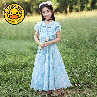 G.duck girls dress summer dress for big children in summer 2026 new style children's style floral princess dress big children's clothing blue 140 cm