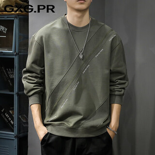 Gxg.pr2026 autumn and winter trendy brand design spliced round neck sweatshirt men's american retro heavyweight loose large size long-sleeved top gray green m suitable weight 95-120jin jin equals 0.5 kg