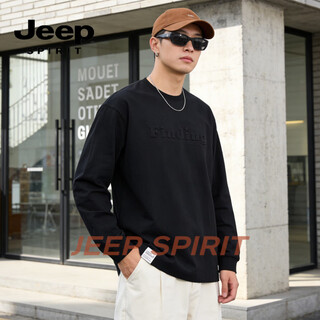 Jeep spirit heavy washed distressed round neck sweater men's loose casual couple tops 2026 spring long sleeve t black m 90 - 110 jin jin is equal to 0.5 kg