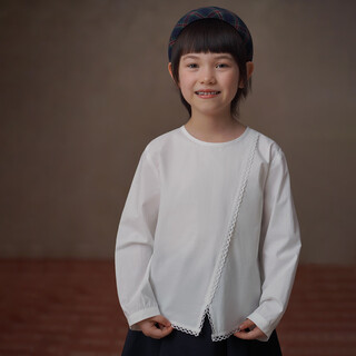 Haqi children's clothing children's 2026 spring new casual literary lace long-sleeved shirt girls round neck cotton top girls white 130