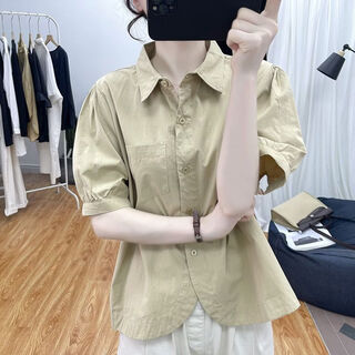Lingyue lantern sleeve pure cotton short-sleeved shirt women's summer 2026 new lapel design irregular age-reducing top women's khaki xl recommended 115-130 jin jin equals 0.5 kg