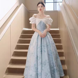 Blue evening dress for women new banquet style french high-end princess style host long style summer blue xl