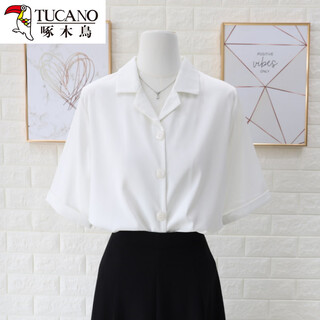 Woodpecker suit collar chiffon white shirt for women 2026 autumn short-sleeved work clothes formal tops professional cuban collar shirt white short sleeve s
