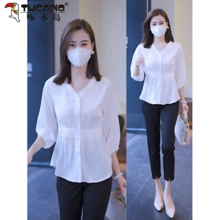 Woodpecker 2026 spring and autumn light luxury new style shirt women's age-reducing belly covering three-quarter sleeve top shirt design waist shirt white loose version 2xl recommended 141-155 jin jin equals 0.5 kg