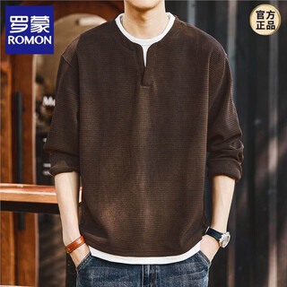Romon gray deer american heavy texture waffle fake two-piece v-neck men's t-shirt spring velvet loose tough guy top coffee color 4xl suitable for 200-220jin jin equals 0.5 kg