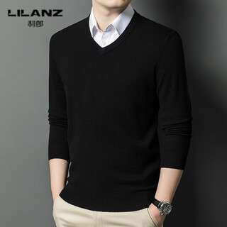 Lilanz 350g autumn and winter new fashion men's solid color 100% wool sweater middle-aged v-neck sweater knitted base black 19602 3xl (56) recommended weight 175-190jin jin equals 0.5 kg