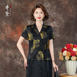 Quedit high-end silk tops for women 2026 spring and summer new short-sleeved v-neck buckle high-end temperament mother's blouse gilt butterfly shadow / 21 mumi silk stretch satin l recommended 105jin jin is equal to within 0.5 kg