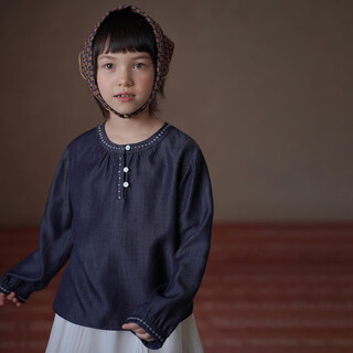 Haqi children's clothing 2026 spring and autumn children's shirt contrast color embroidered anti-fading denim top girls' shirt cool lyocell denim blue 120