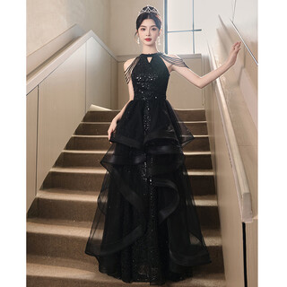 Ukuhpk black banquet evening dress 2026 new sequined tassel puff skirt art exam annual meeting performance dress black xl