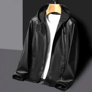 Purchasing agent for haining leather jacket men's handsome hooded casual leather jacket for middle-aged dads in autumn and winter, black single leather m 48/170