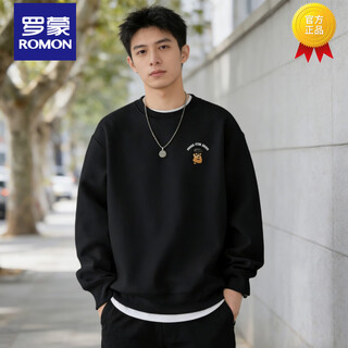 Romon sweatshirt men's 2026 spring style american heavyweight loose round neck pullover trendy versatile long-sleeved retro jacket black s 95-120