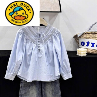 Hal.duck french retro bow tie shirt girls cotton long-sleeved spring clothes for older children in spring and autumn chic top trend blue new shirt 150 recommended height 140cm