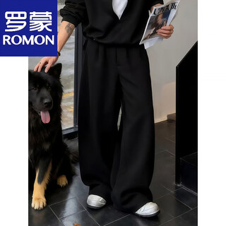 Romon black fake two-piece v-neck sweatshirt for men, cool and handsome to wear, a complete set of korean old-money style wide-leg sweatpants, black pants m (suitable)-115jin jin is equal to 0.5 kg
