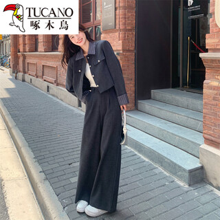 Серый костюм в корейском стиле «Дятел» для женщин, популярный осенний стиль «соленый» и ржавый костюм из двух частей, сине-серый xs (рекомендуемый вес 95 jin jin с точностью до 0,5 кг)