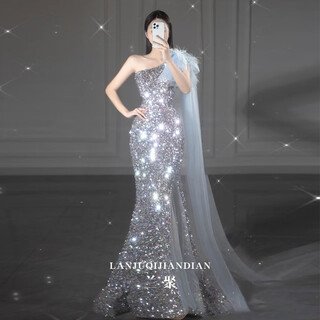 Mofu banquet evening dress 2026 elegant lady french dress fishtail light luxury sequined dress picture color long xs