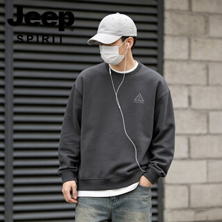 Jeep spirit american retro heavyweight round neck sweatshirt for men 2026 spring loose casual couple tops bottoming shirt gray s