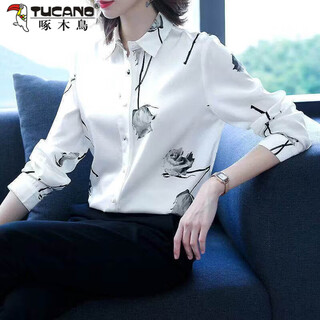Woodpecker 2026 spring heavyweight women's shirt long-sleeved rose print fashionable western style large size top non-velvet women's shirt white long-sleeved 05 style s recommended 75-85jin jin equals 0.5 kg