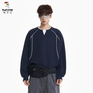 Woodpecker (tucano) 2026 spring and autumn hasselblad line large size contrasting color v round neck fake two-piece outdoor sports texture top sweatshirt for men dark blue m