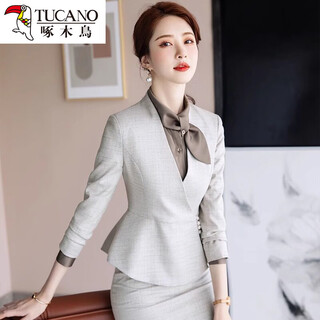 啄木鸟高端职业装西装套装女春季空姐制服酒店经理前台接待美容院工作服 单件杏色长.袖西装 S