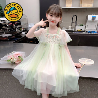 G.duck girls dress summer 2025 new national style girls thin mesh new chinese style embroidered hanfu princess skirt green 110 cm