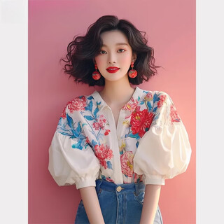 Lao tangsen jingdong direct purchase french puff sleeve floral short sleeve shirt women's 26 new shirt women's l