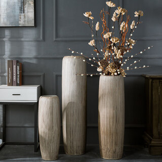 Modern simple light color soft decoration jingdezhen ceramic floor-standing vase living room flower arrangement dried flowers large decorative ornaments vertical brushed 80cm + sunflower set