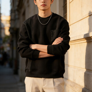 Playboy (playboy) american retro splicing pocket round neck sweatshirt for men 2026 spring and autumn casual loose large size bottoming shirt black m 90-115jin jin is equal to 0.5 kg