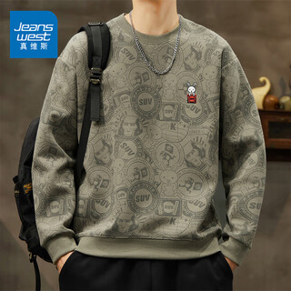 Jeanswest round neck sweatshirt for men in spring and autumn, american retro trendy brand tops, men's printed versatile casual long-sleeved pullover bottoming shirt, gray green 2xl (140-160jin jin equals 0.5kg)