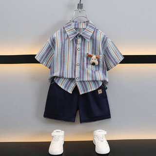 Ultraman boys summer short-sleeved suit 2025 new children's korean style summer style striped shirt casual two-piece set trendy picture color 90 cm