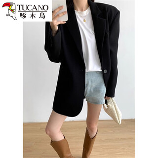 Woodpecker gray suit jacket women 2026 new spring and autumn temperament ladylike unique beautiful little black suit black s 80-104jin jin equals 0.5 kg