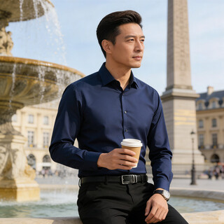 Playboy (playboy) long-sleeved shirt men's 2026 spring and autumn business casual no-iron anti-wrinkle solid color shirt men's tops navy blue xl 130-145jin jin equals 0.5 kg