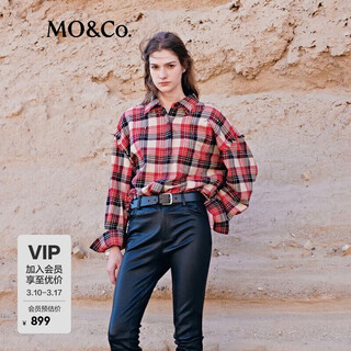 Mo&co.2024 new autumn scottish plaid tassel raw edge loose thick cotton shirt