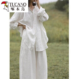 Woodpecker early autumn clothing with cotton and linen suits for women, loose, lazy, casual long-sleeved sunscreen shirts, linen wide pants, two-piece white suit (small amount) m recommended 90-110jin jin equals 0.5 kg