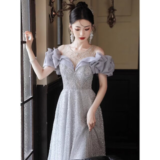 Mofu one-shoulder evening dress female fashionable fairy banquet host long dress slim adult dress 2026 spray gold dress xs