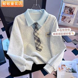 Girls autumn new sweatshirt 2025 middle and large children polo stitching fashion short college style sweatshirt pullover spring and autumn light gray 100 cm