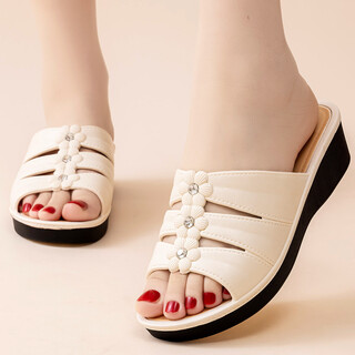 High-heeled women's slippers for summer thick-soled fashion home non-slip mom shoes soft-soled social wedge sandals white 40