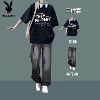 Playboy (playboy) summer boys' hong kong style loose short-sleeved t-shirts for teenagers with trendy jeans men's handsome casual suits 2 pieces t145 pure cotton t-shirt black + 7013 denim m