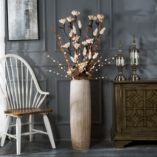 Modern simple light color soft decoration jingdezhen ceramic floor-standing vase living room flower arrangement dried flower large decorative ornaments bark pattern 80cm + popcorn set