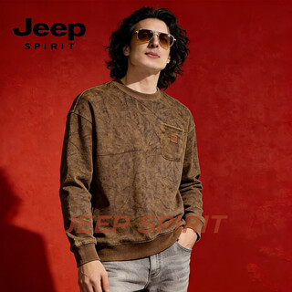 Jeep spirit american retro washed distressed round neck sweatshirt for men loose large size raglan sleeve long sleeve top jacket for men coffee color m weight 100-130jin jin is equal to 0.5 kg