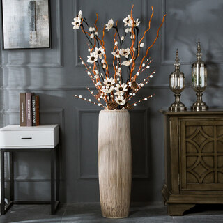 Modern simple light color soft decoration jingdezhen ceramic floor-standing vase living room flower arrangement dried flower large decorative ornaments bark pattern 95cm + sunflower set