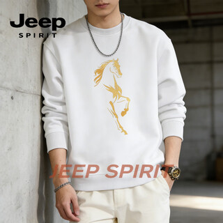 Jeep spirit american heavyweight sweatshirt men's velvet thickened 2026 winter loose casual warm bottoming shirt round neck long white m 70-90jin jin is equal to 0.5 kg
